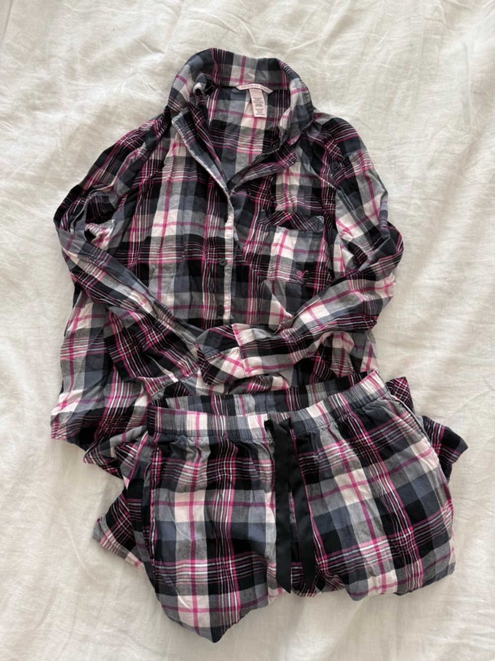 Victoria's Secret Plaid Pajama Set in Pink, Black & Gray